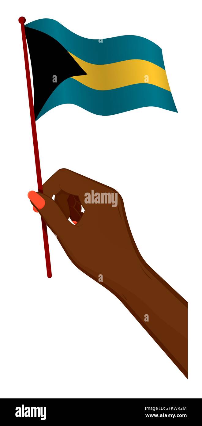 Weibliche Hand hält sanft kleine Flagge der Bahamas-Inseln. Design-Element für den Urlaub. Cartoon-Vektor auf weißem Hintergrund Stock Vektor