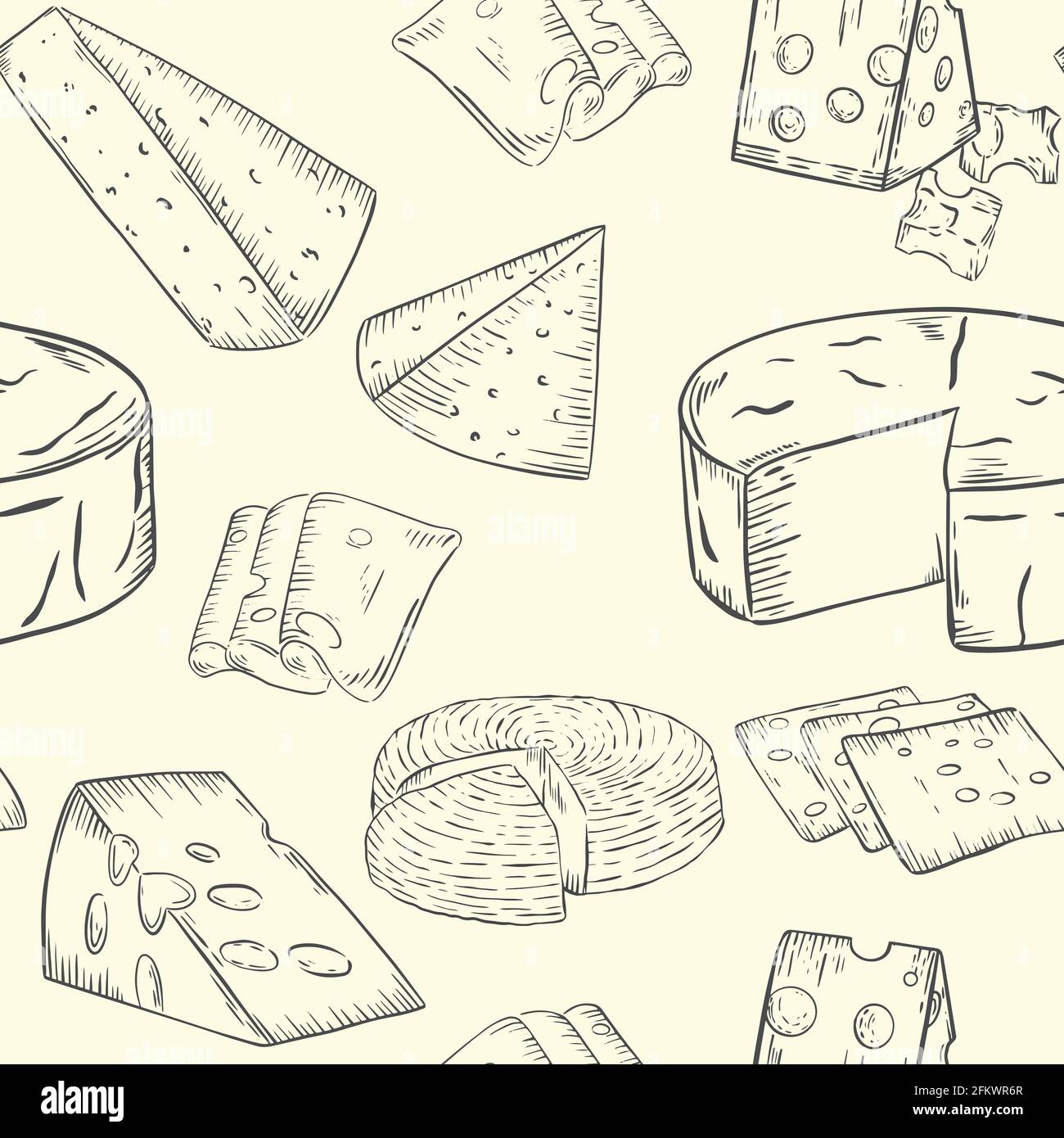 Käsemuster, Skizze. Verschiedene Arten von Käse, Vektor. Kontinuierlicher Hintergrund mit Milchprodukten. Stücke, Köpfe und Käsescheiben. Handzeichnung. Stock Vektor