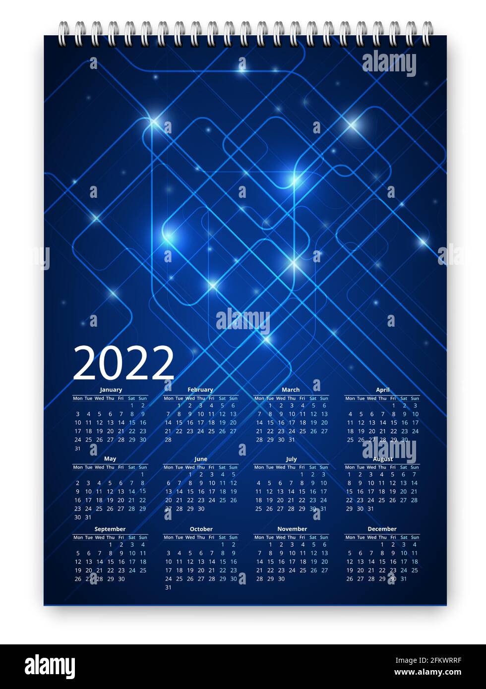Zukünftige Sci-Fi-Stil Kalender 2022 Vektor-Design-Vorlage mit Standard a3-a4 Proportionen skalierbar für jede Druckgröße. Euro-Stil Montag erster Tag o Stock Vektor