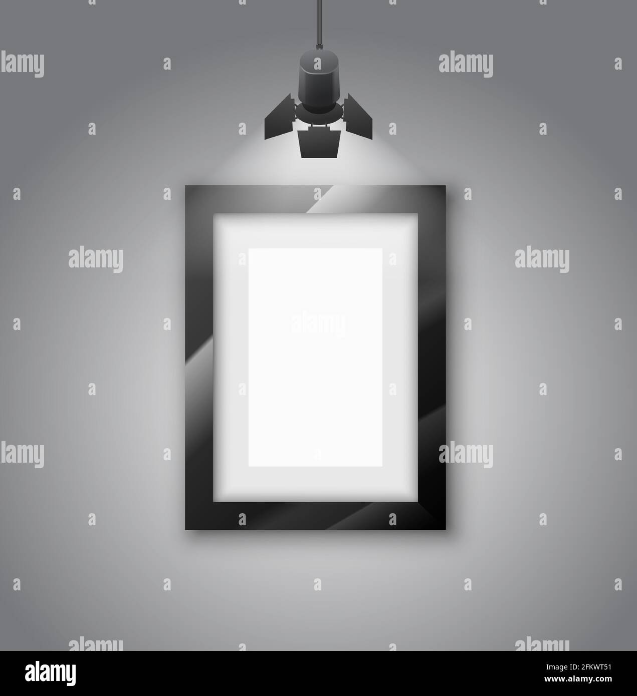 Leere Studiowand und schwarzer, glänzender Bilderrahmen unter Licht Realistische Vektor-Illustrationen der Lampe Stock Vektor