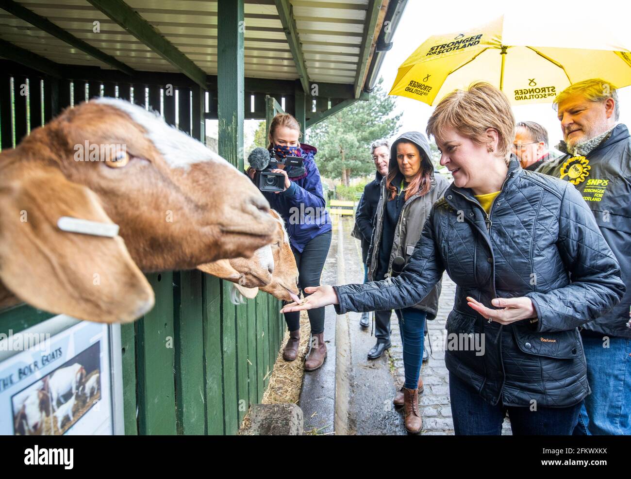 Nicola Sturgeon, die erste Ministerin von Schottland und Vorsitzende der SNP, füttert die Ziegen während eines Besuchs der LOVE Gorgie Farm in Edinburgh während des Wahlkampfs für die schottischen Parlamentswahlen. Bilddatum: Dienstag, 4. Mai 2021. Stockfoto