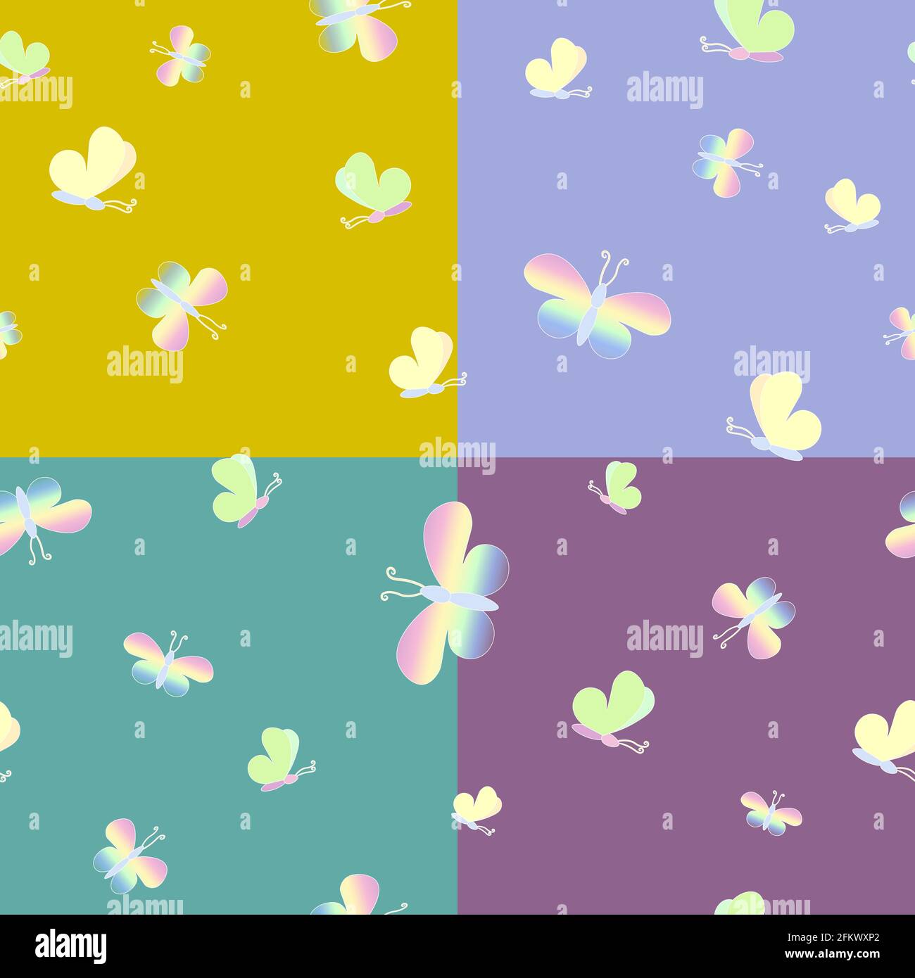 Zarte bunte Schmetterlinge ein nahtloses Muster auf 4 Hintergründen Stock Vektor