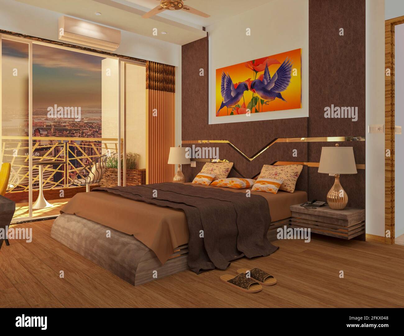 3d gerendert Schlafzimmer Design Bett mit Beistelltisch. Blaue Liebe Vogel Malerei an der Wand Stockfoto