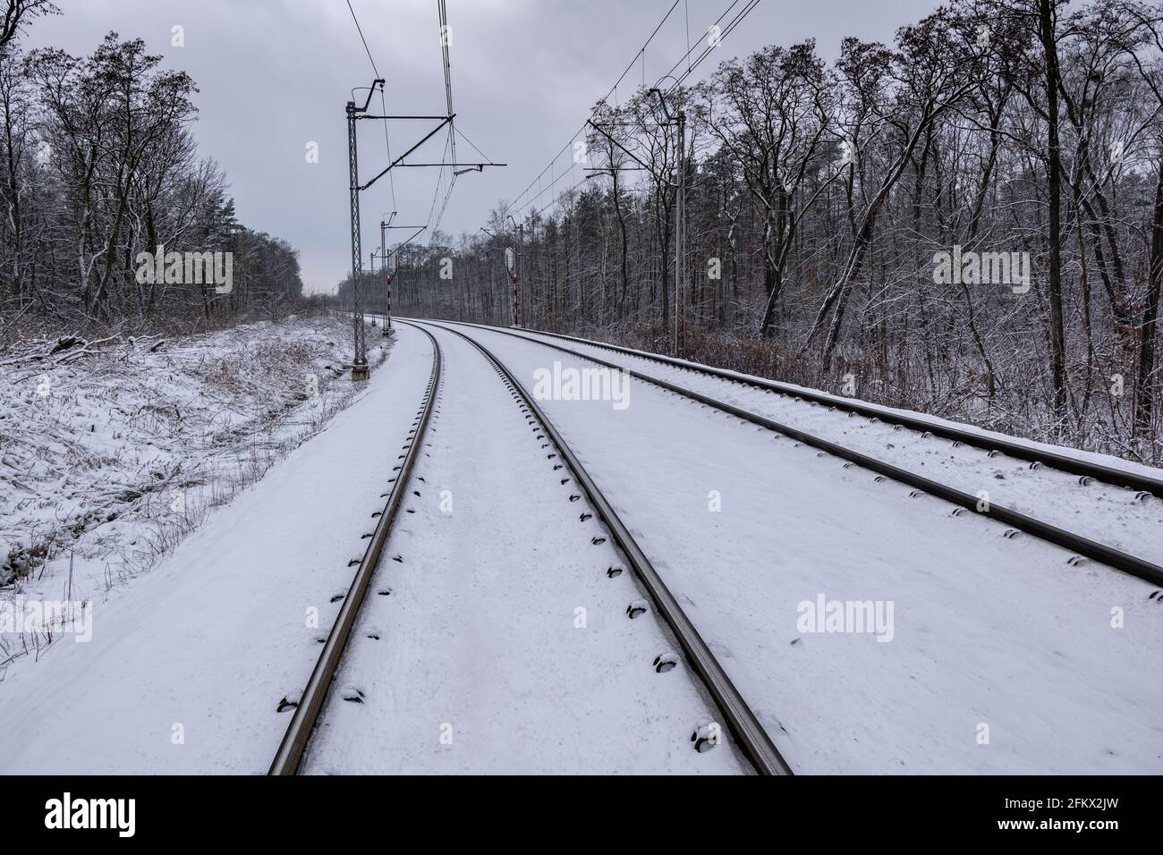 Bahngleise durch den Wald im Winter, verschneite Schienenverkehrsinfrastruktur Stockfoto