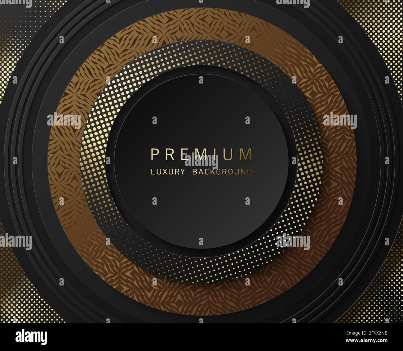 Vector schwarz und Gold abstrakter runder Luxus-Rahmen. Geometrisches goldenes Muster, funkelnde Pailletten auf schwarzem Hintergrund. Premium-Label-Design. Stock Vektor