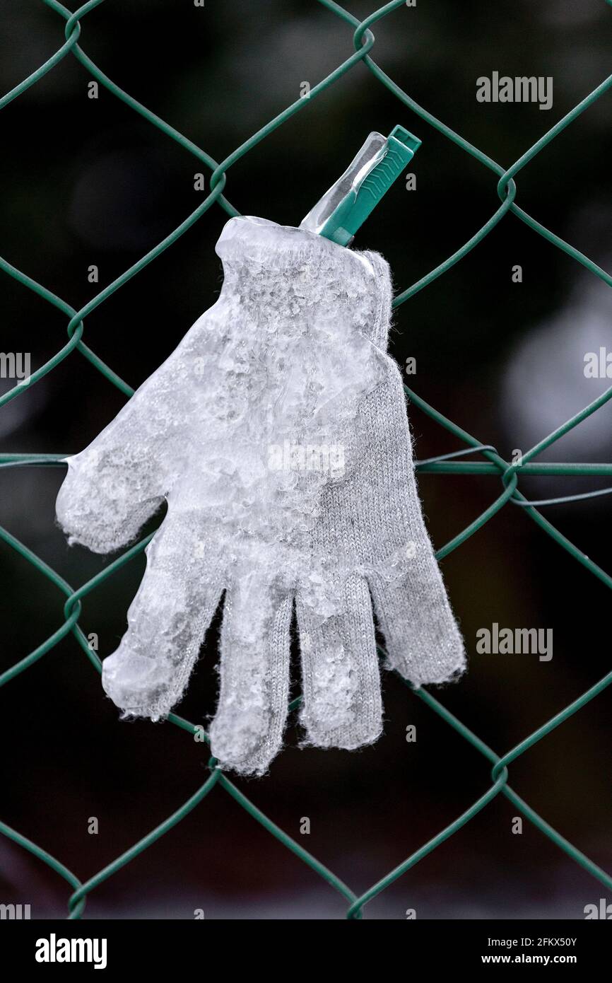 Verlorene Handschuh mit Eis an EINEM Zaun Stockfoto