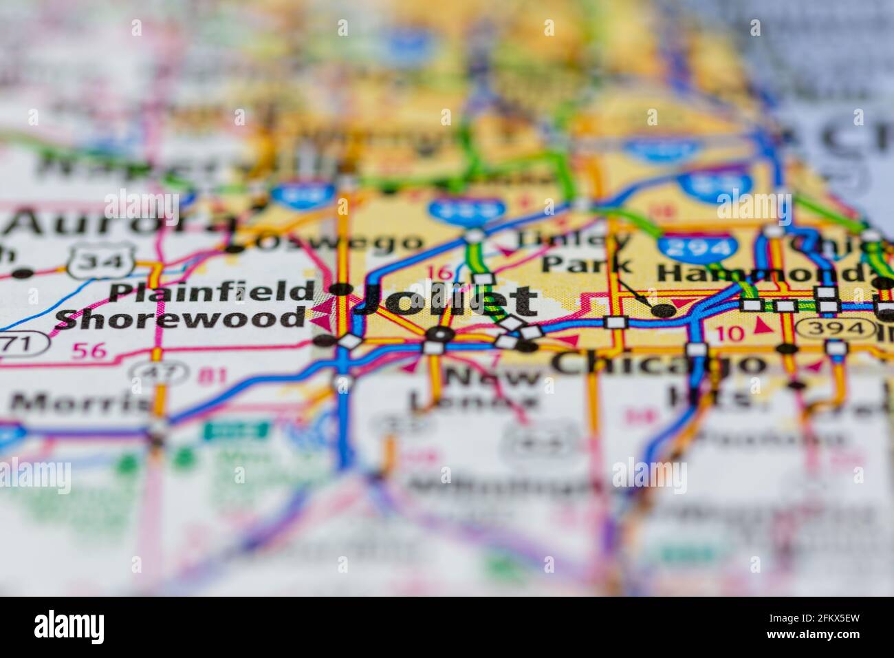 Joliet Illinois wird auf einer Geografie- oder Straßenkarte angezeigt Stockfoto