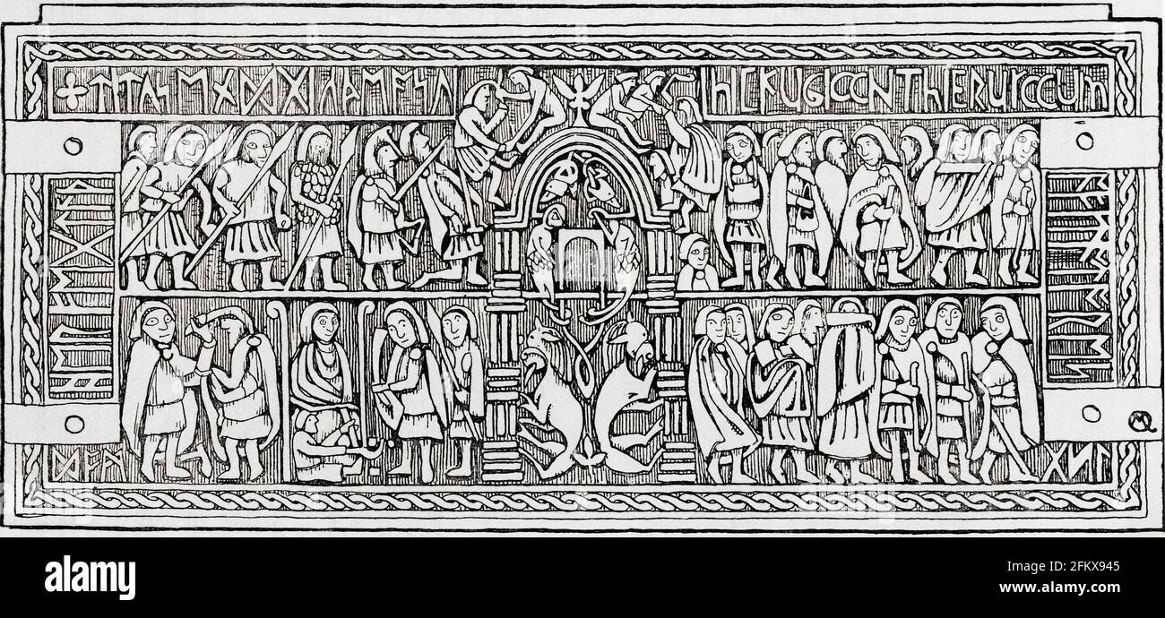 Rückansicht der Franks Casket oder der Auzon Casket, einer kleinen angelsächsischen Wal-Knochenkiste aus dem frühen 8. Jahrhundert, jetzt im British Museum. Aus Everday Life in Anglo-Saxon, Viking and Norman Times, veröffentlicht 1926. Stockfoto