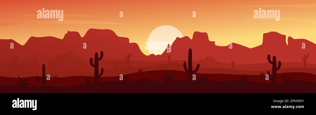 Mexikanische, Texas oder Arisona Wüste Natur bei Sonnenuntergang Nacht weite Panoramalandschaft Stock Vektor