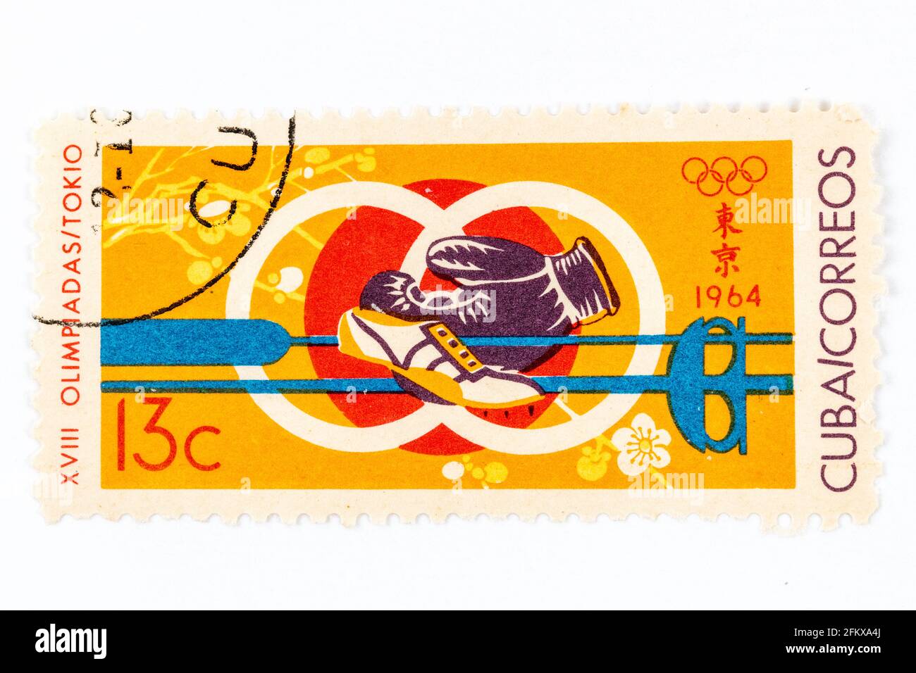 Antike 'Cuba Correos'-Briefmarke mit dem Thema bei den XVIII Olympischen Spielen in Tokio, Japan. Ausgabe 1964 Stockfoto