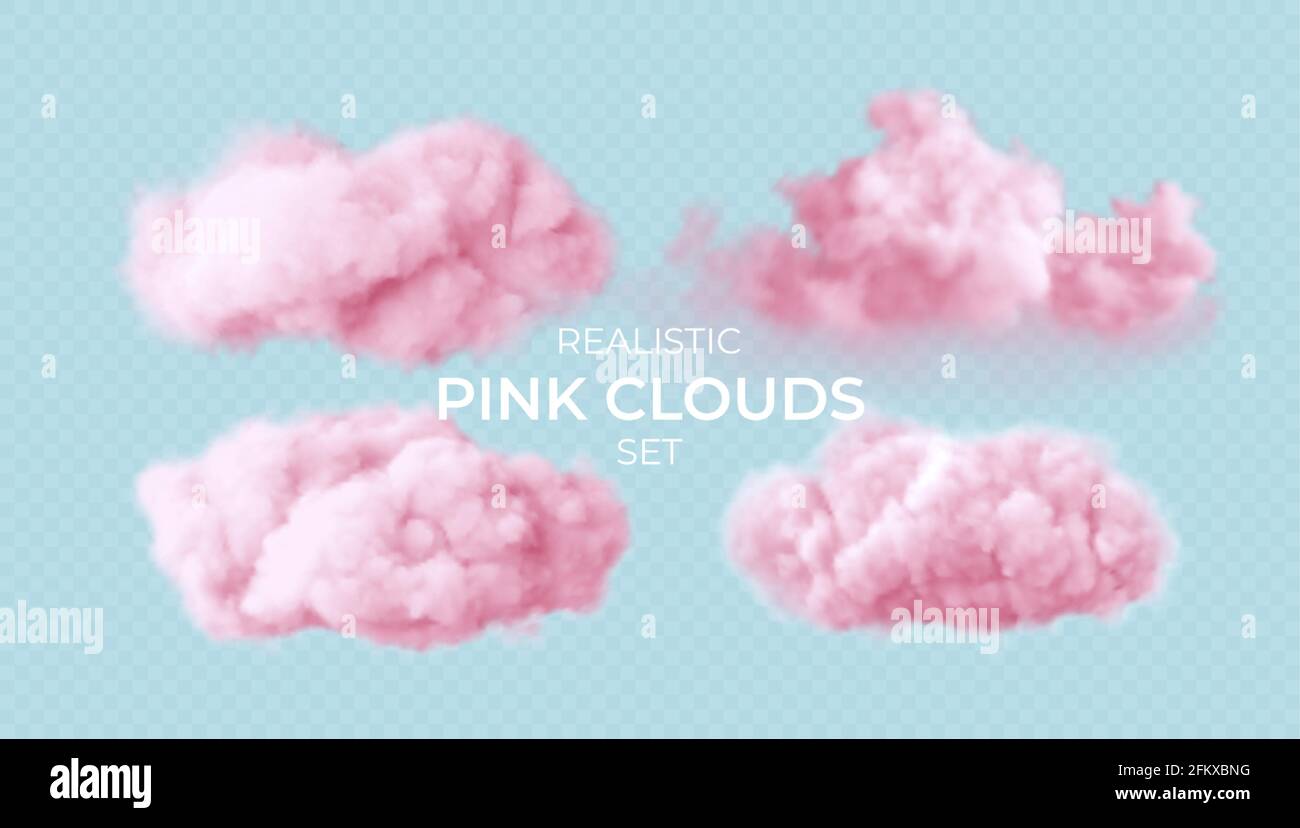 Realistische rosa flauschige Wolken setzen isoliert auf transparenten Hintergrund. Wolkenhimmel Hintergrund für Ihr Design. Vektorgrafik Stock Vektor