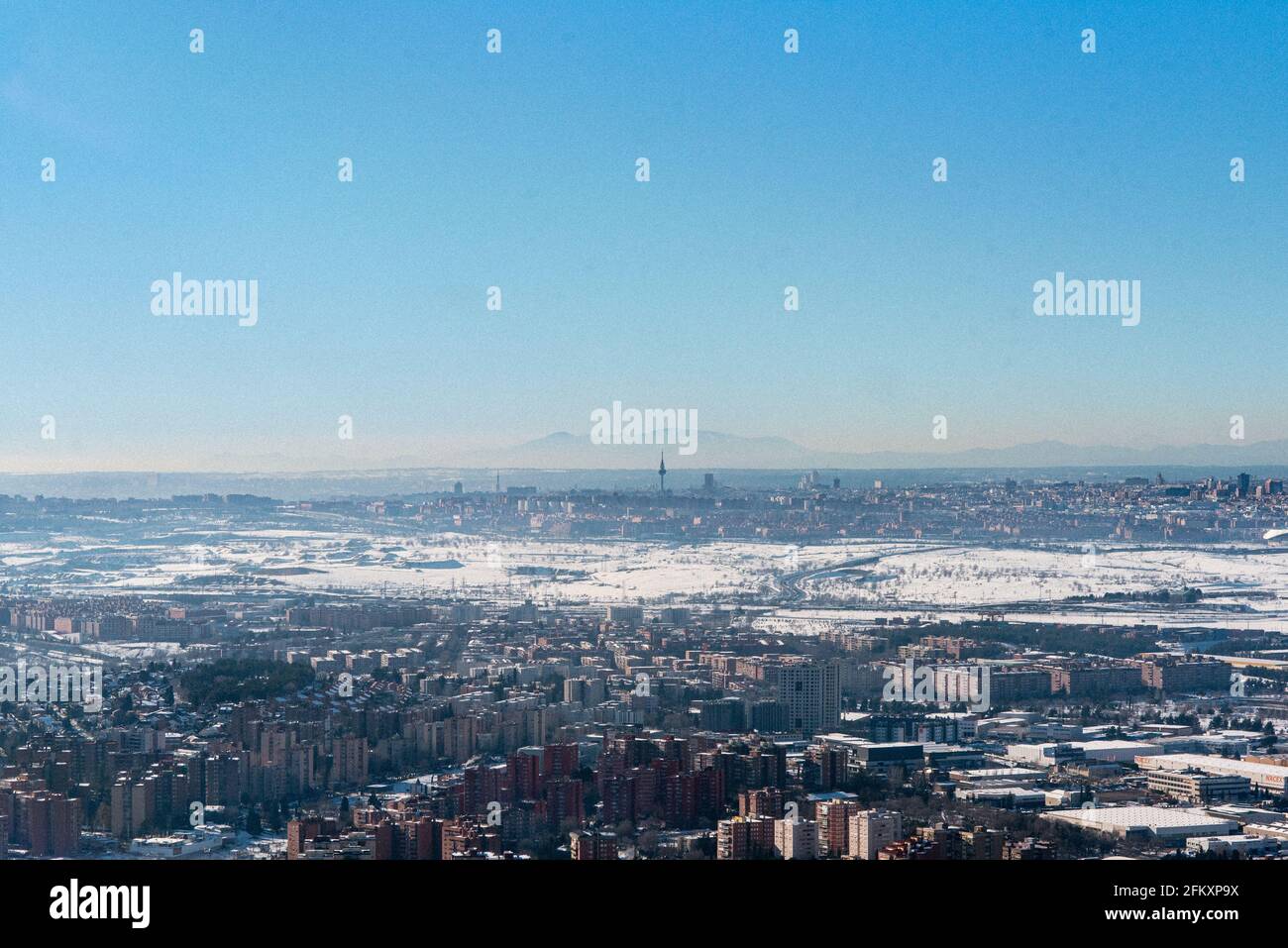 Ebene Schnee Madrid Leere Straßen Luftbild Skyline Stadt Stockfoto