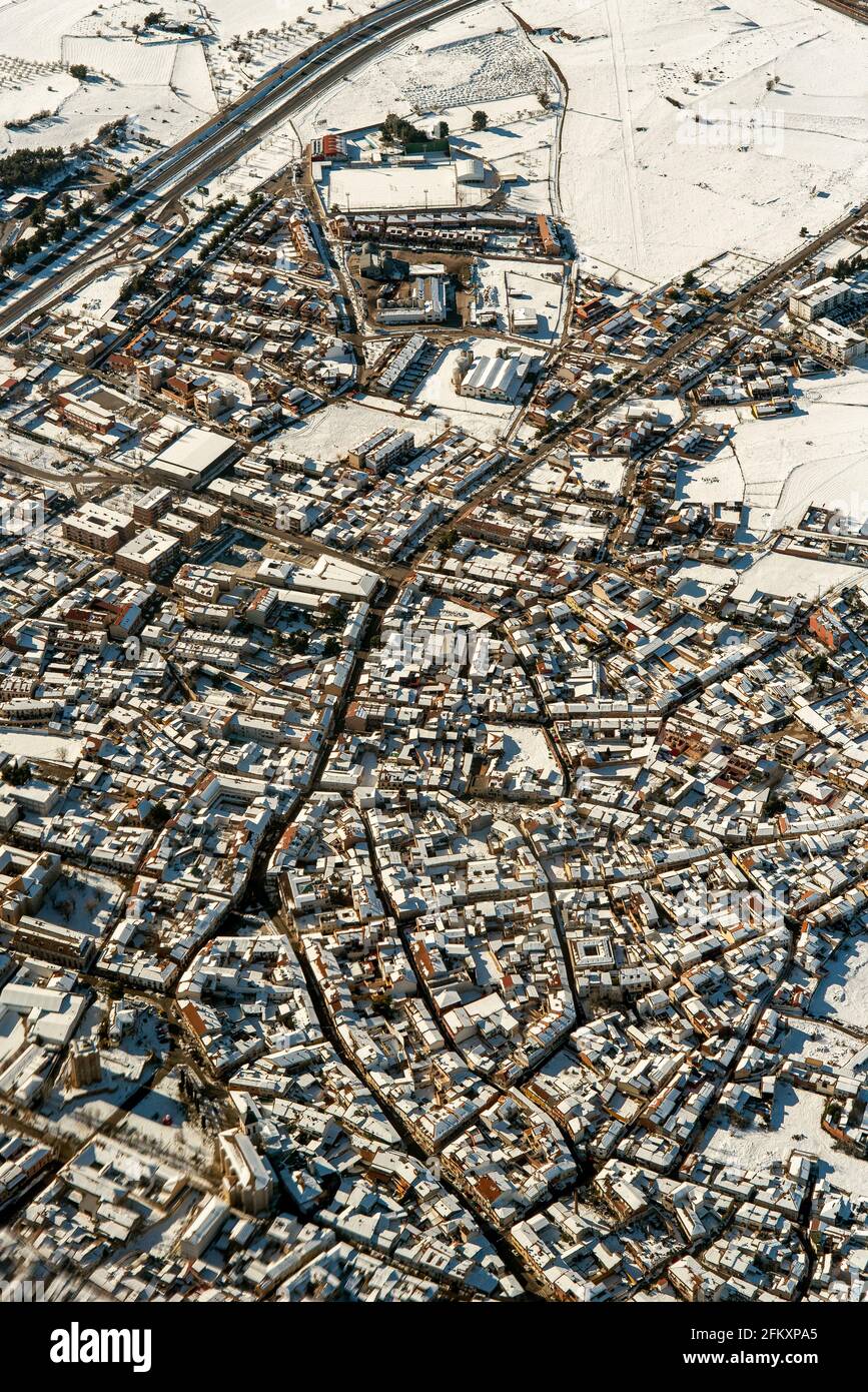 Schnee Madrid Leere Straßen Luftaufnahme Stadthäuser Stockfoto