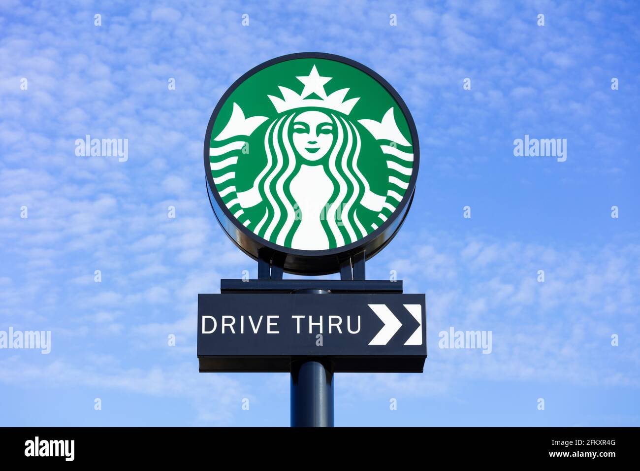Starbucks Drive-Thru-Schild starbucks-Logo, starbucks-Schild Stockfoto