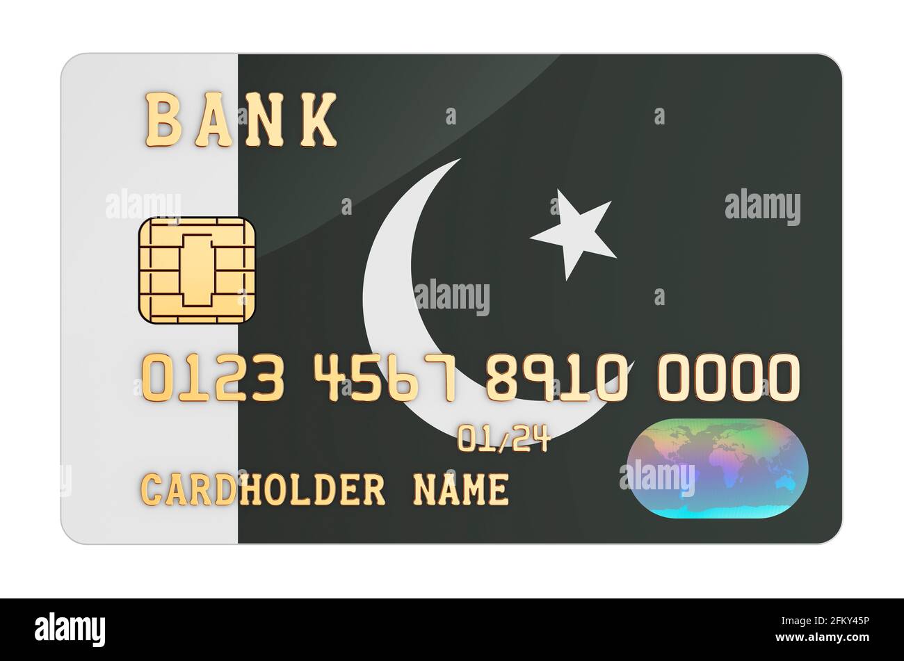 Bankkreditkarte mit pakistanischer Flagge. Konzept des nationalen Bankensystems in Pakistan. 3D-Rendering auf weißem Hintergrund isoliert Stockfoto