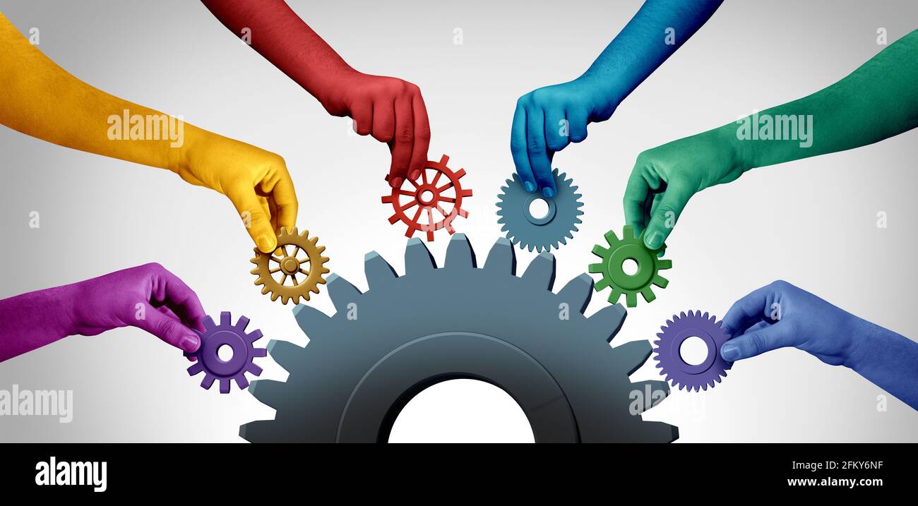 Business Teamwork Einheit und Verbindung Team Konzept Idee als eine Industrie Metapher für den Beitritt zu einer Partnerschaft als verschiedene Menschen miteinander verbunden. Stockfoto