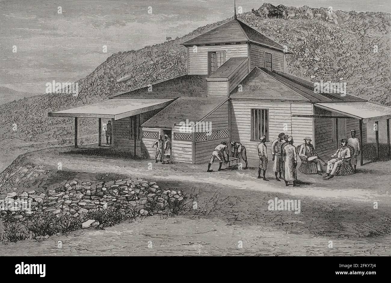 Geschichte Afrikas. 19. Jahrhundert. Vivi Station und Castle Hill. Gravur. El Congo y la Creación del Estado Independiente de este nombre. Historia de los trabajos y Exploraciones Verificados (der Kongo und die Gründung seines Freistaates. A Story of Work and Exploration), von Henry M. Stanley. Herausgegeben in Barcelona, um 1890. Spanien. Stockfoto