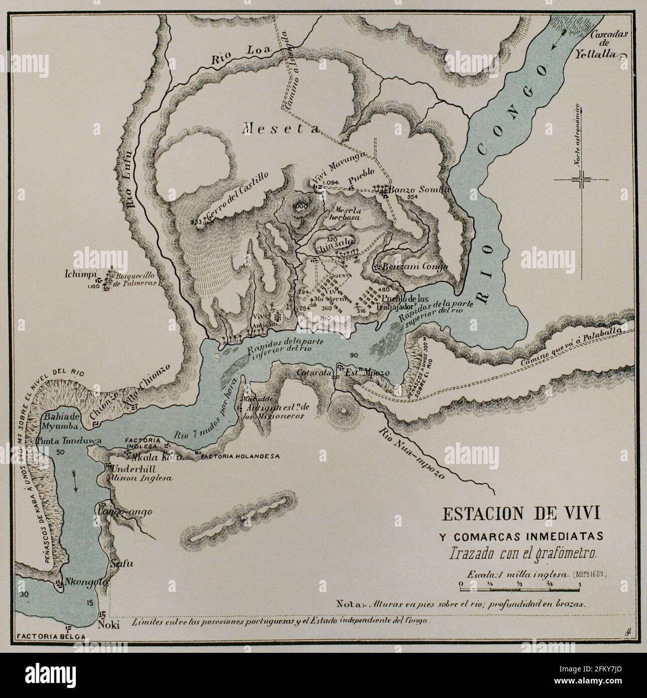 Geschichte Afrikas. Kongo. Karte des Bahnhofs von Vivi und der benachbarten Bezirke. El Congo y la Creación del Estado Independiente de este nombre. Historia de los trabajos y Exploraciones Verificados (der Kongo und die Gründung seines Freistaates. A Story of Work and Exploration), von Henry M. Stanley. Herausgegeben in Barcelona, um 1890. Spanien. Stockfoto