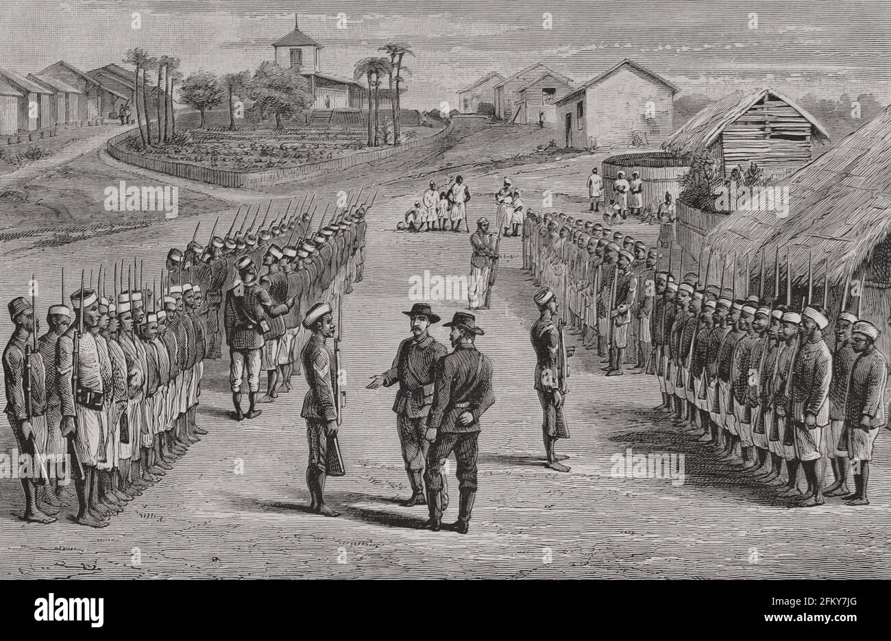 Geschichte Afrikas. 19. Jahrhundert. Innenraum des Bahnhofs Vivi. Gravur. El Congo y la Creación del Estado Independiente de este nombre. Historia de los trabajos y Exploraciones Verificados (der Kongo und die Gründung seines Freistaates. A Story of Work and Exploration), von Henry M. Stanley. Herausgegeben in Barcelona, um 1890. Spanien. Stockfoto