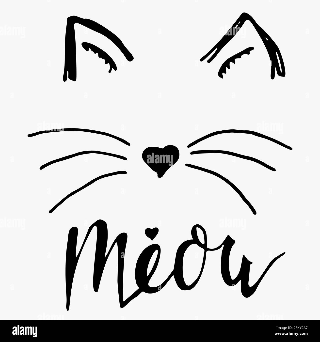 Vector schwarzer Schriftzug Meow mit niedlichem Katzenpfoten-Print. Skizze  Zeichnung Kätzchen Miow Slogan Poster Stock-Vektorgrafik - Alamy