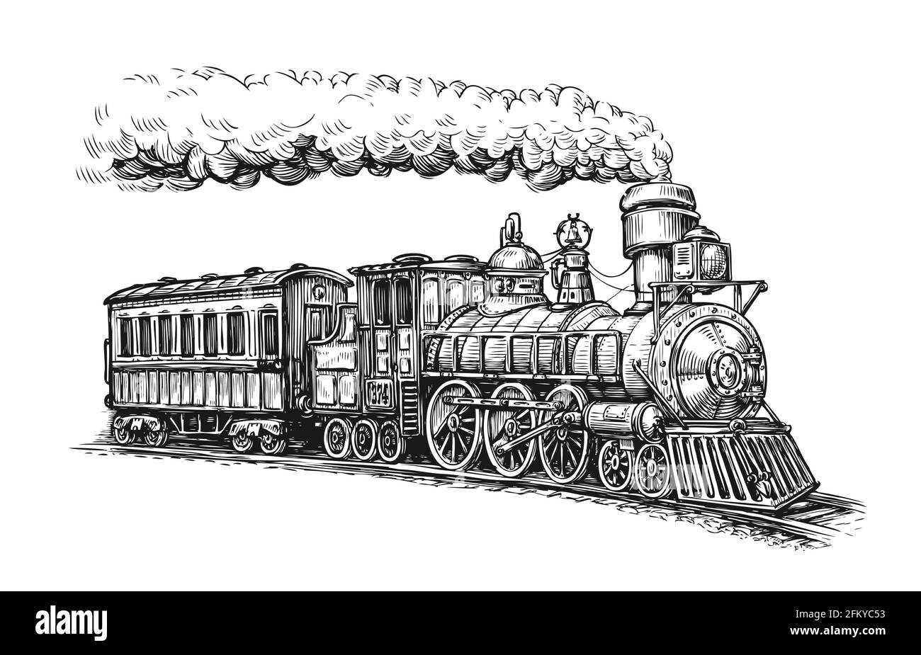 Transportskizze der Dampflokomotive. Handgezeichneter Vintage-Vektor Stock Vektor