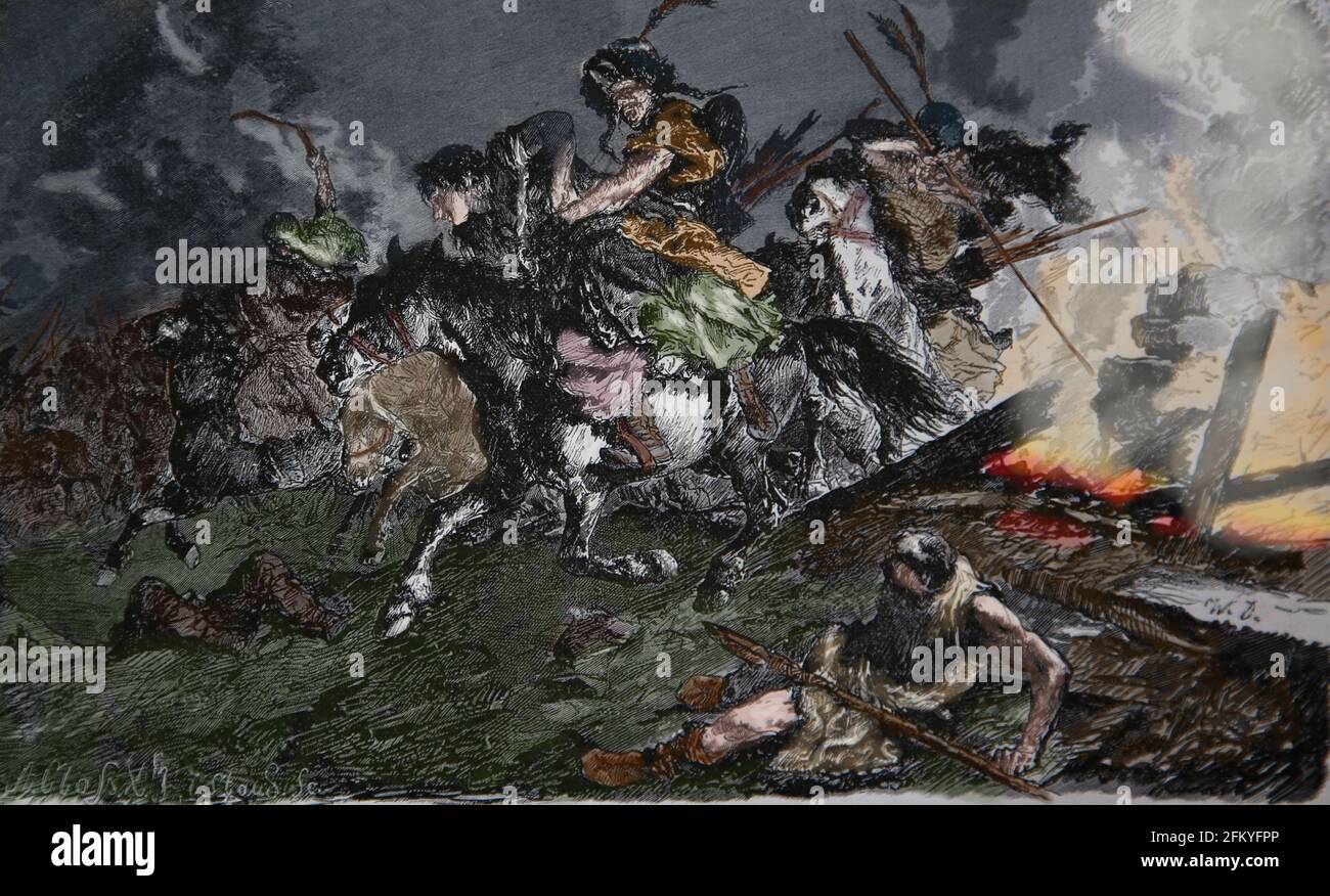 Invasion der Hunnen. Gravur, 1882. Stockfoto