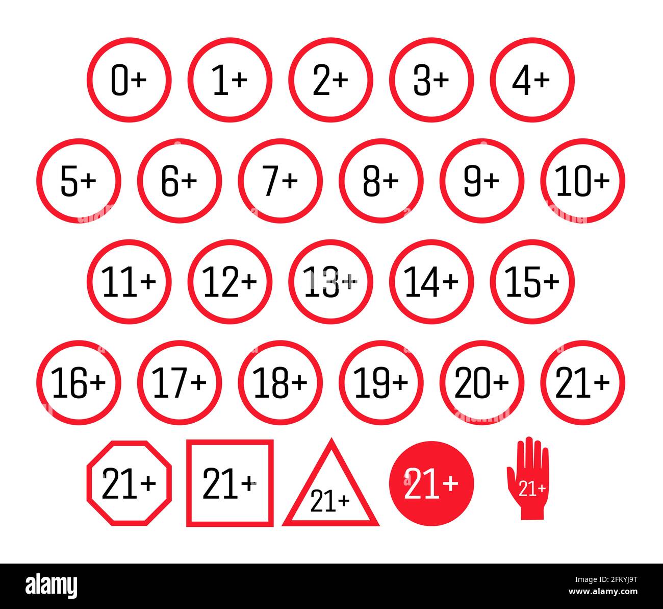 Symbole für Inhalte für Erwachsene eingestellt. Altersbeschränkungen Schilder Vektor flache Illustrationen isoliert auf weißem Hintergrund. Altersgrenze Konzept. Zahlen von Null bis 21 in roten Kreisen, Dreiecken und Quadraten. Stock Vektor