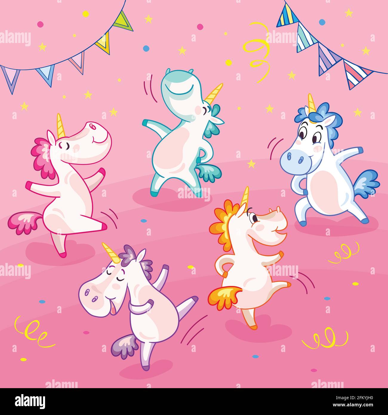Süße und glückliche Einhörner feiern Tanz auf einer Party. Vektorgrafik. Poster für Party, drucken, Babydusche, Tapete, Design, Einrichtung, Bettwäsche, di Stock Vektor