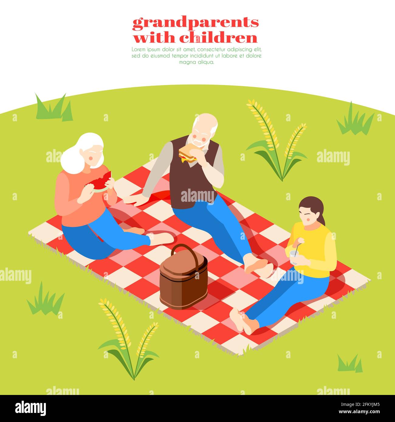 Großeltern mit Kindern isometrisches Poster mit Großmutter Großvater und Enkelin Bei Picknick Vektorgrafik Stock Vektor