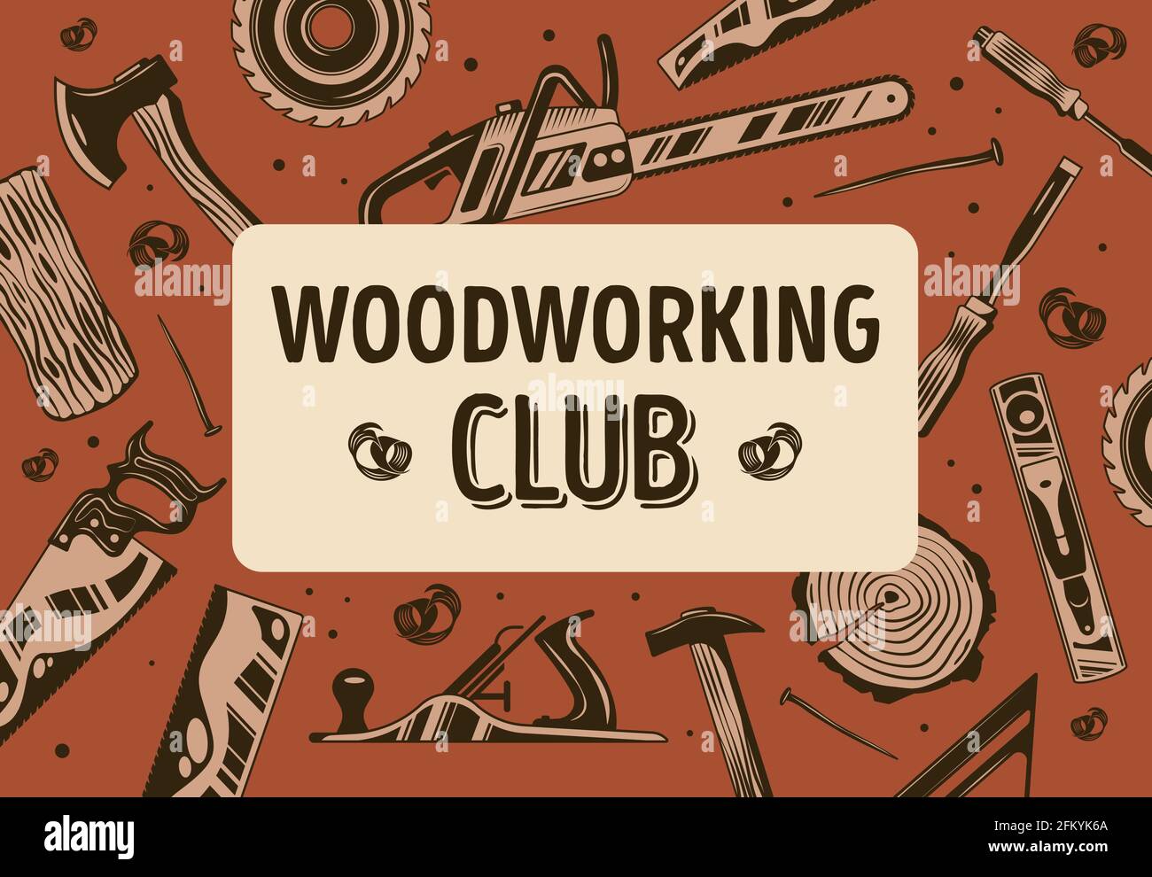 Abstrakter Rahmen des Holzarbeiterclubs mit Holzfällersägewerk und Schreinerei-Ausrüstung Flache Vektorgrafik Stock Vektor