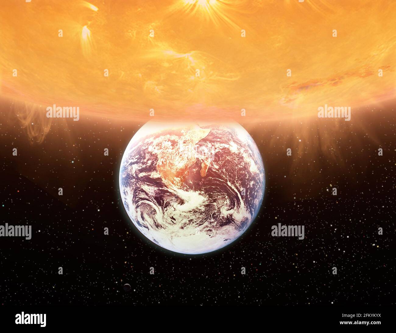 Planet Erde in den Strahlen der Sonne unter der Leuchtkraft. Die Elemente dieses Bildes wurden von der NASA eingerichtet. Stockfoto