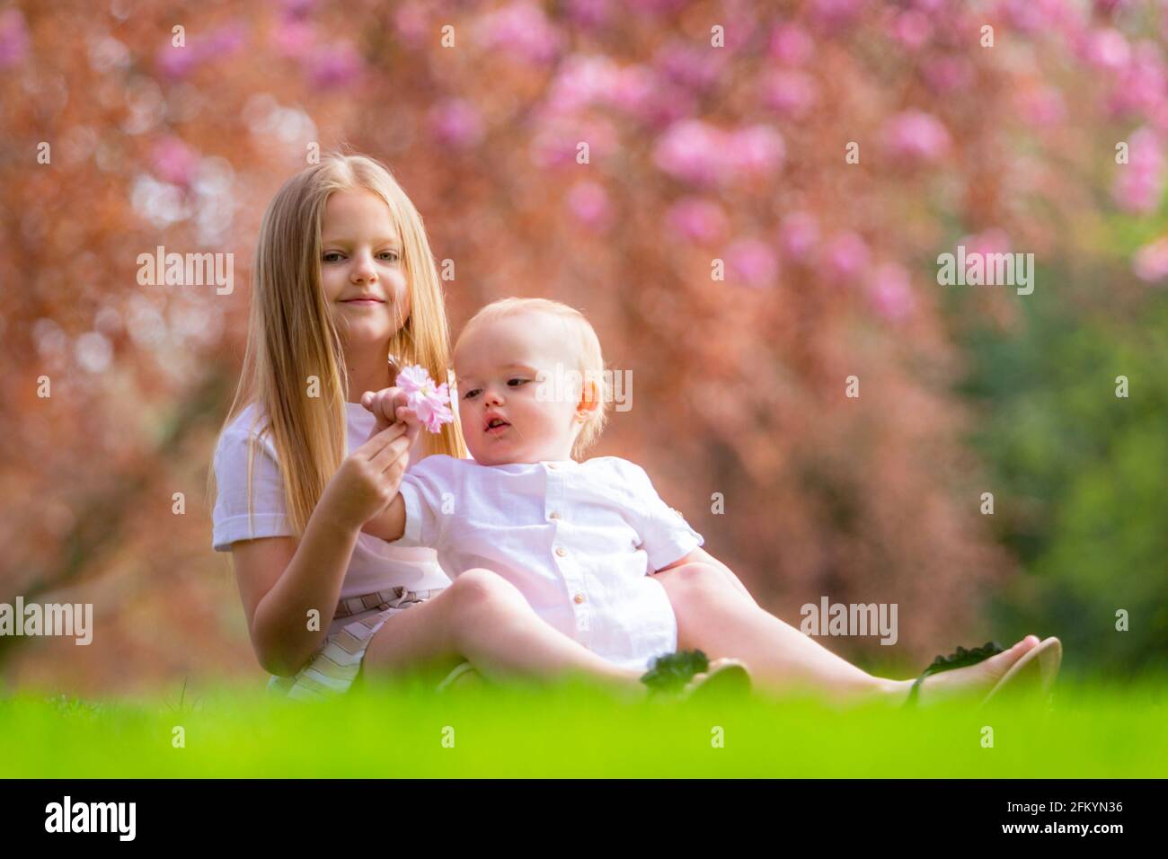 Junges Mädchen mit ihrem kleinen Bruder draußen auf der Gras Stockfoto