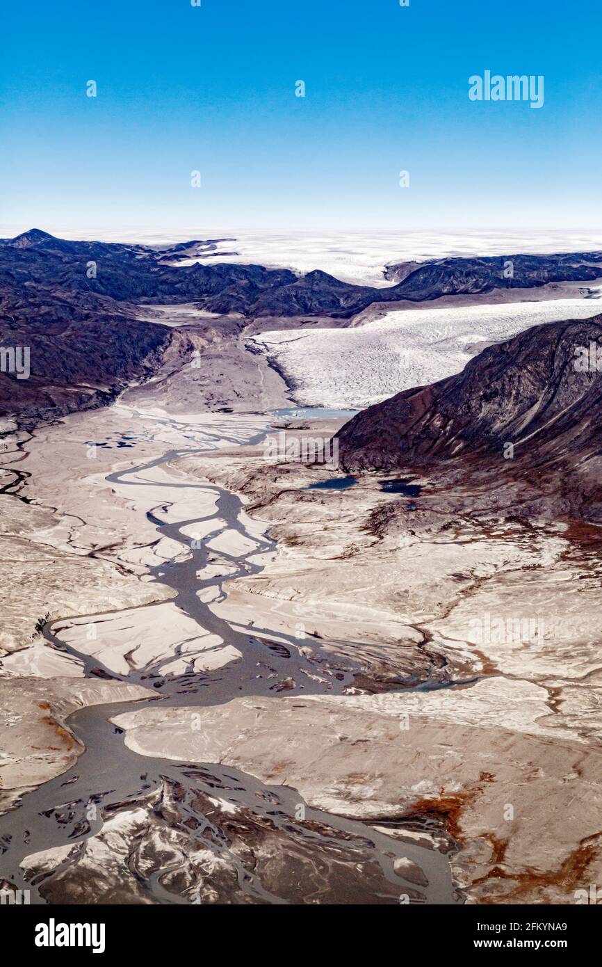 Luftaufnahme der Gletscher rund um Nuuk oder Godthåb, die Hauptstadt und die größte Stadt Grönlands. Stockfoto