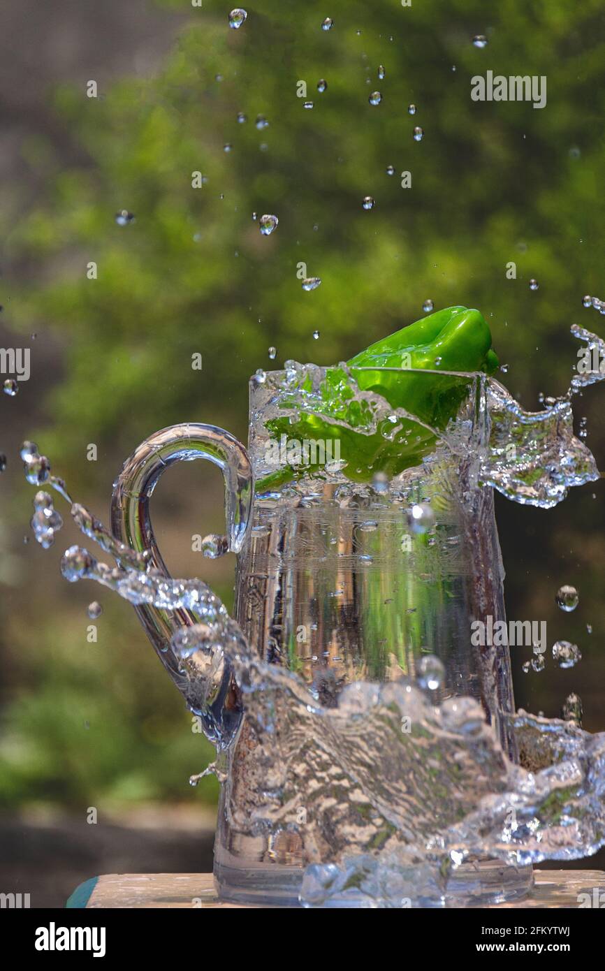 Vertikale Aufnahme eines großen grünen Pfeffers, der überall Wasser spritzt Während es in einen Krug getaucht wird Stockfoto