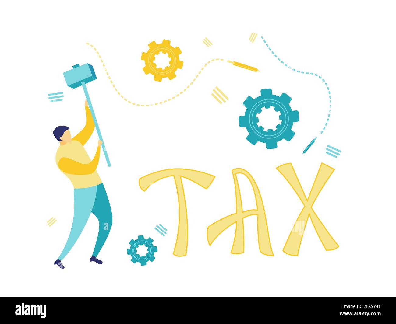 Flache Illustration eines Geschäftsmannes, der einen Hammer hält, um Wortsteuer zu zerschlagen. Einfache Darstellung in blau und gelb. Geschäfts- und Finanzkonzepte. Stock Vektor