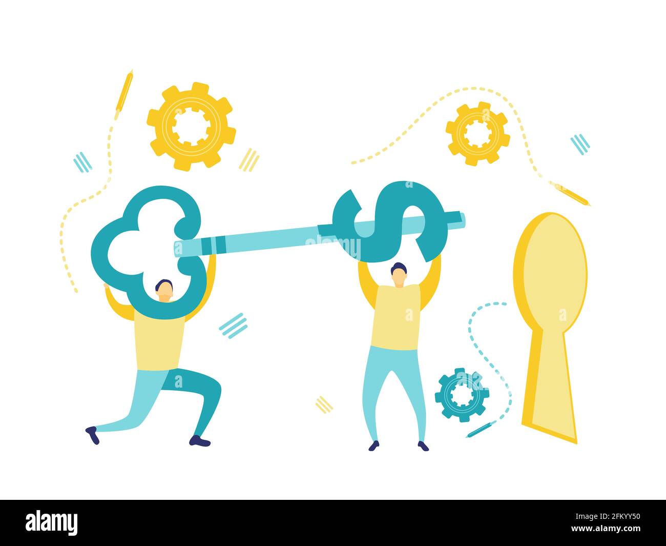 Flache Abbildung von zwei Geschäftsleuten, die einen Dollarschlüssel halten, um ihn in das Schlüsselloch einzuführen. Teamwork-Konzept. Geschäfts- und Finanzkonzepte. Stock Vektor