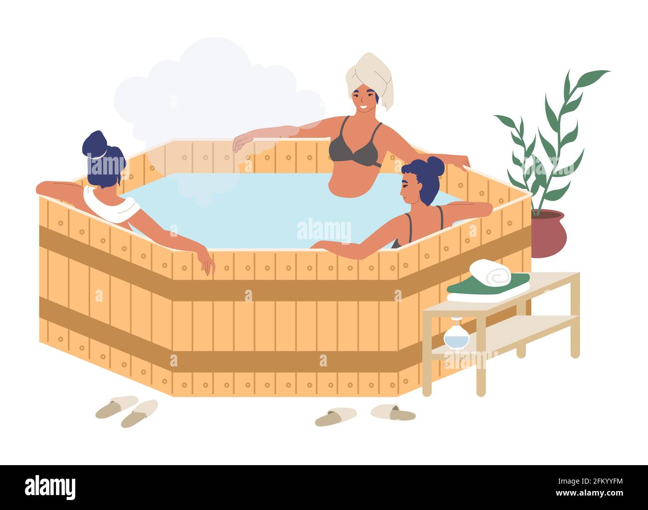 Glückliche Frauen genießen Fass, japanische Whirlpool-Bad, flache Vektor-Illustration. Kurort, Sauna, Badehaustherapie. Stock Vektor