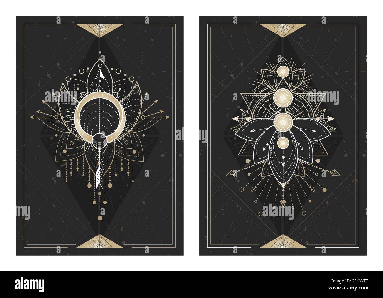 Vektor dunkle Illustrationen mit heiligen Geometriesymbolen, Grunge Texturen und Rahmen. Bilder in schwarz, weiß und Gold., Vektor dunkle Illustrationen mit s Stock Vektor