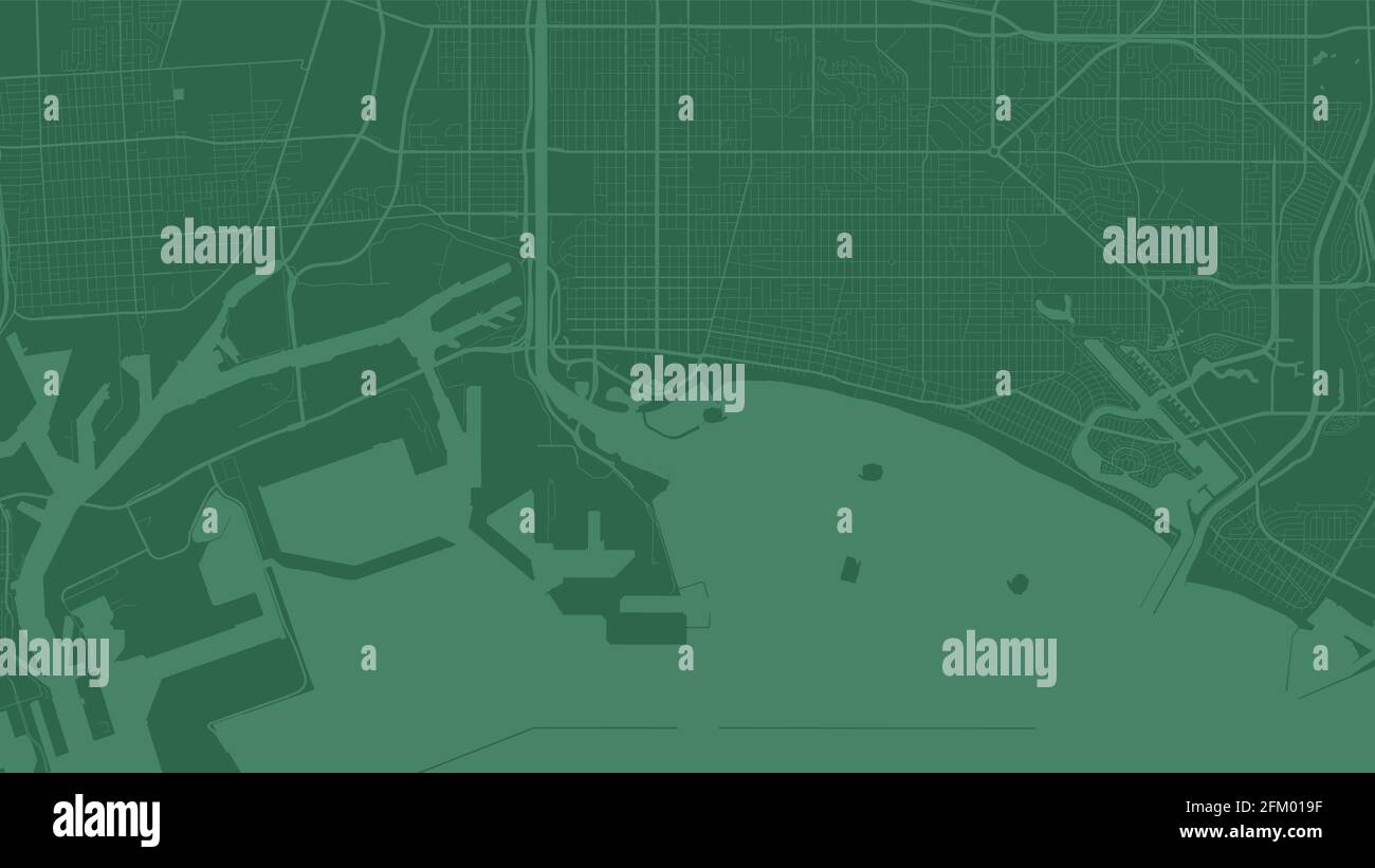 Dunkelgrüne Long Beach Stadtgebiet Vektor Hintergrundkarte, Straßen und Wasser Kartographie Illustration. Breitbild-Anteil, digitale flache Design streetma Stock Vektor
