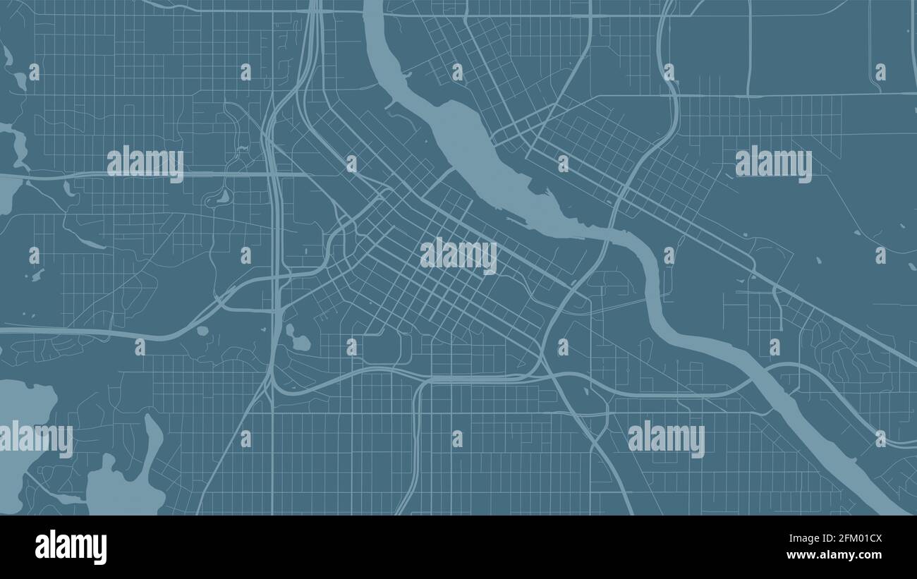 Blue Minneapolis Stadtgebiet Vektor Hintergrundkarte, Straßen und Wasser Kartographie Illustration. Breitbild-Proportion, digitale Flat-Design-Streetmap. Stock Vektor