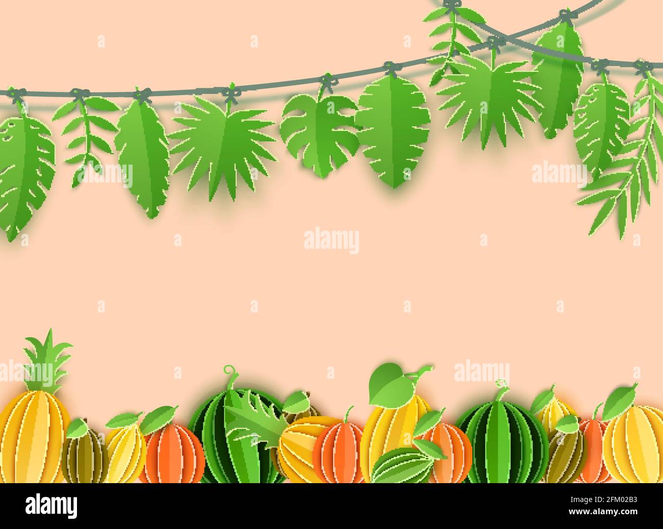 Sommer tropische Blätter Girlande und Zitrusfrüchte Rand in Papier geschnitten Stil. Craft Jungle Plants Kollektion hängt an einem Seil auf beigem Hintergrund Stock Vektor