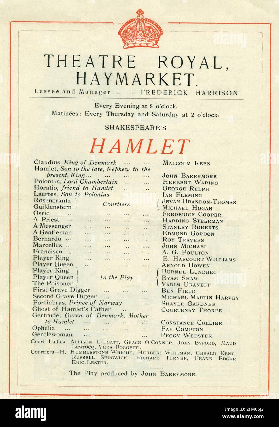 Inside page from Theatre Program for JOHN BARRYMORE as Hamlet, Prince of Denmark in the 1925 London Production of HAMLET von William Shakespeare directed by John Barrymore at the Theatre Royal, Haymarket Stockfoto