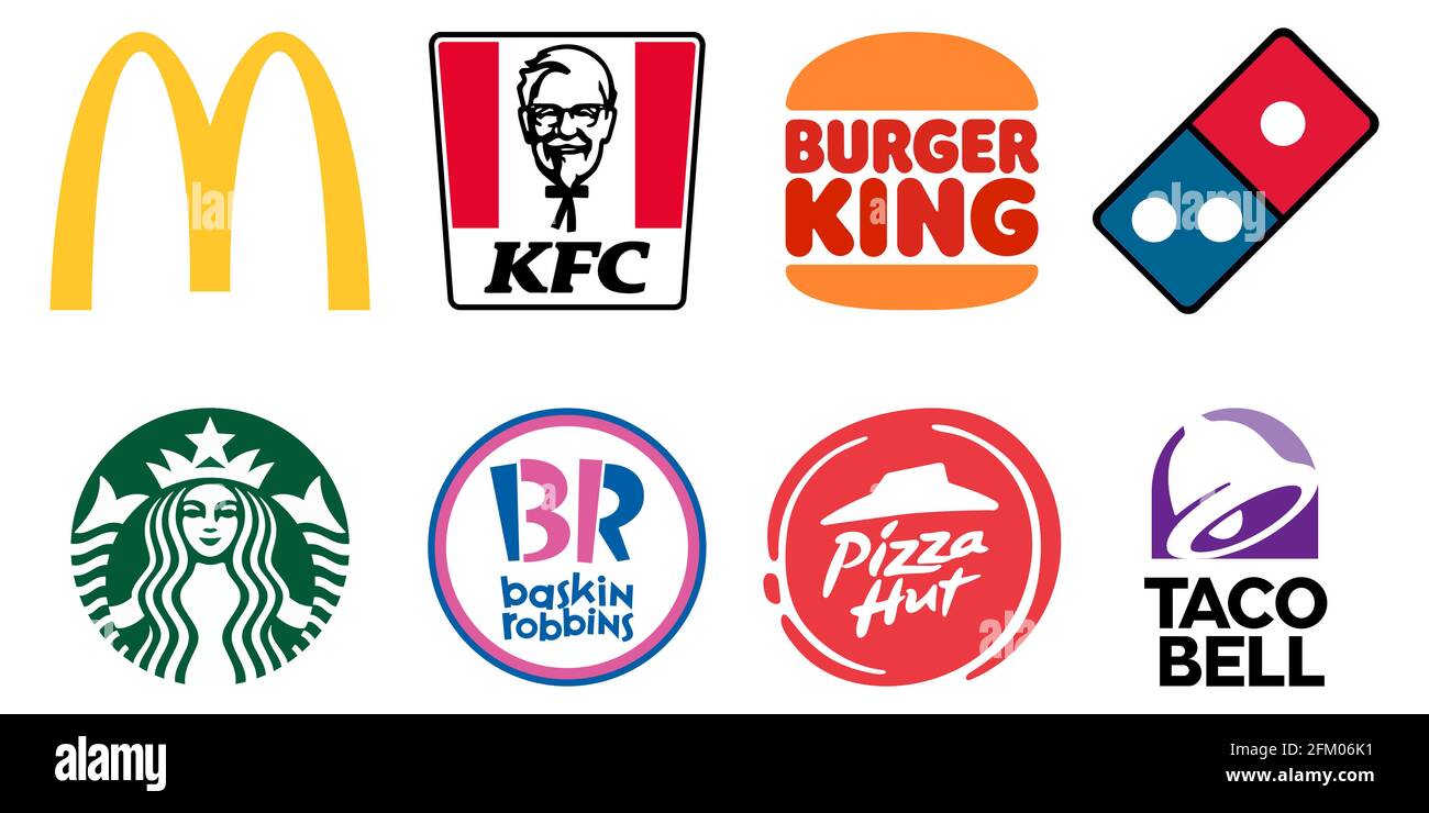 Vinnytsia, Ukraine - 4. Mai 2021: Größte Fast-Food-Ketten in Amerika.  McDonalds, KFC, Burger King, Domino's, Starbucks, Baskin Robbins, Pizza Hut  Tac Stock-Vektorgrafik - Alamy