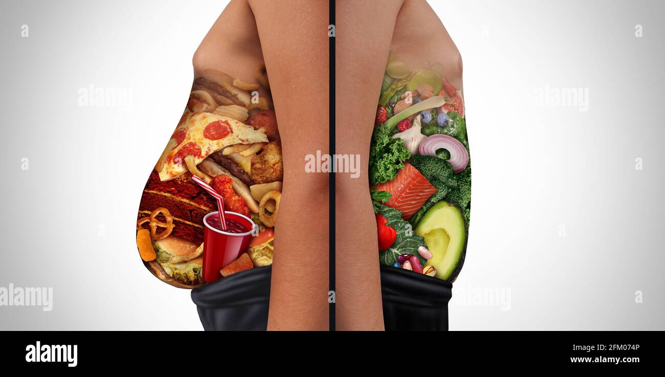 Diät-Entscheidungen und Ernährungsentscheidungen und das Essen einer ungesunden Ernährung oder gesunde Lebensmittel sind eine Seitenansicht eines fetten und normalen Menschen mit Magen. Stockfoto
