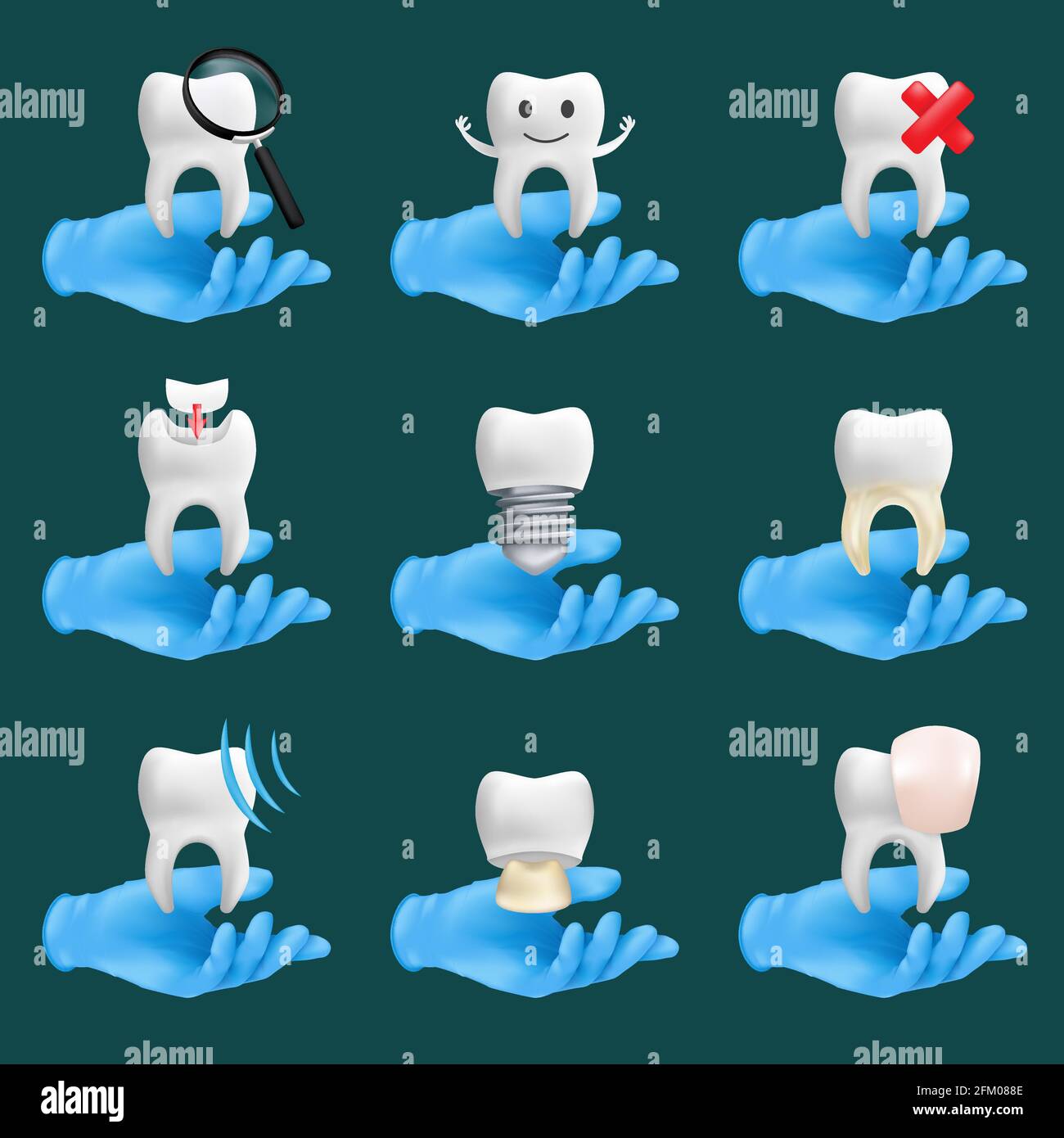 Zahn-Icons Vektor-Set mit verschiedenen Elementen für verschiedene Website-Dienstleistungen. 3d-realistische Darstellung der Hände eines Zahnarztes mit blauen Schutzen Stock Vektor