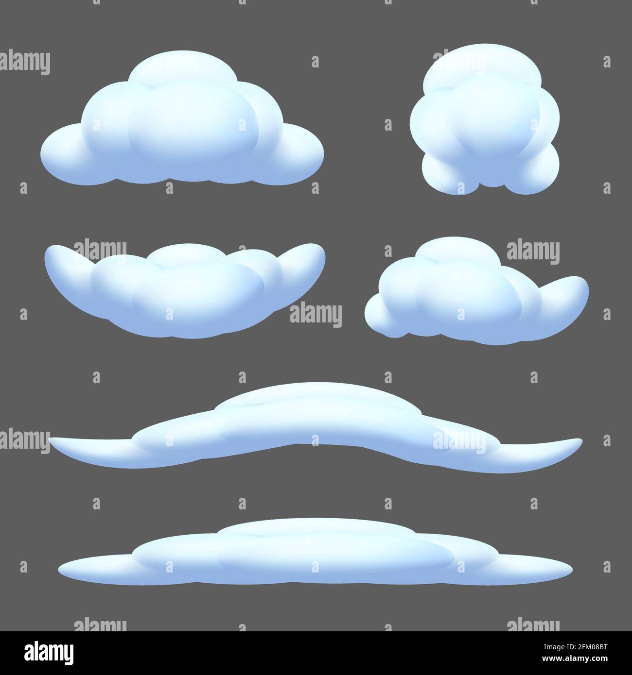 Set von verschiedenen Formen von Cartoon-Wolken. Vektor-Illustration von blauen flauschigen Blasen isoliert auf einem grauen Hintergrund Stock Vektor