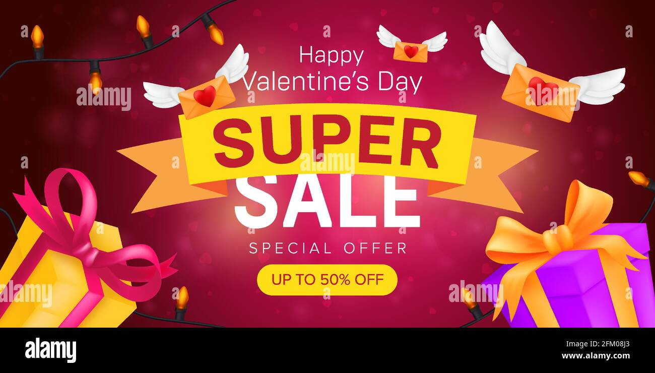 Alles gute zum Valentinstag Sonderangebot horizontale Flyer Vorlage oder Werbung super Verkauf Banner Design. Vektordarstellung von fliegenden Umschlägen und gif Stock Vektor