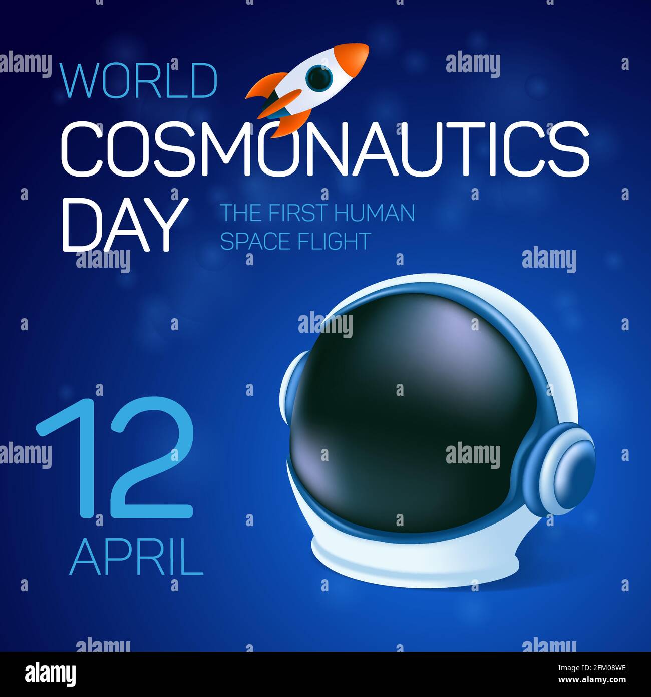 Poster oder Grußkarte zum 12. April - Internationaler Tag der Kosmonauten. Der erste menschliche Weltraumflug. Vektordarstellung mit dem Astronautenhelm und Stock Vektor