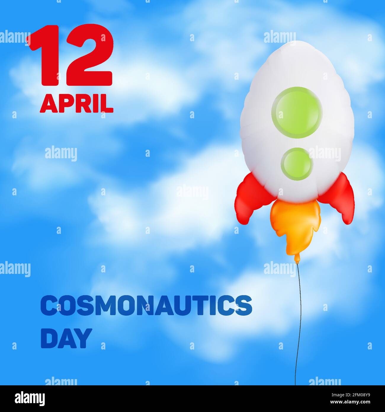 Grußkarte zum 12. April Tag der Kosmonauten. Vektordarstellung zum internationalen Tag der ersten menschlichen Raumfahrt mit fliegendem Ballon im for Stock Vektor