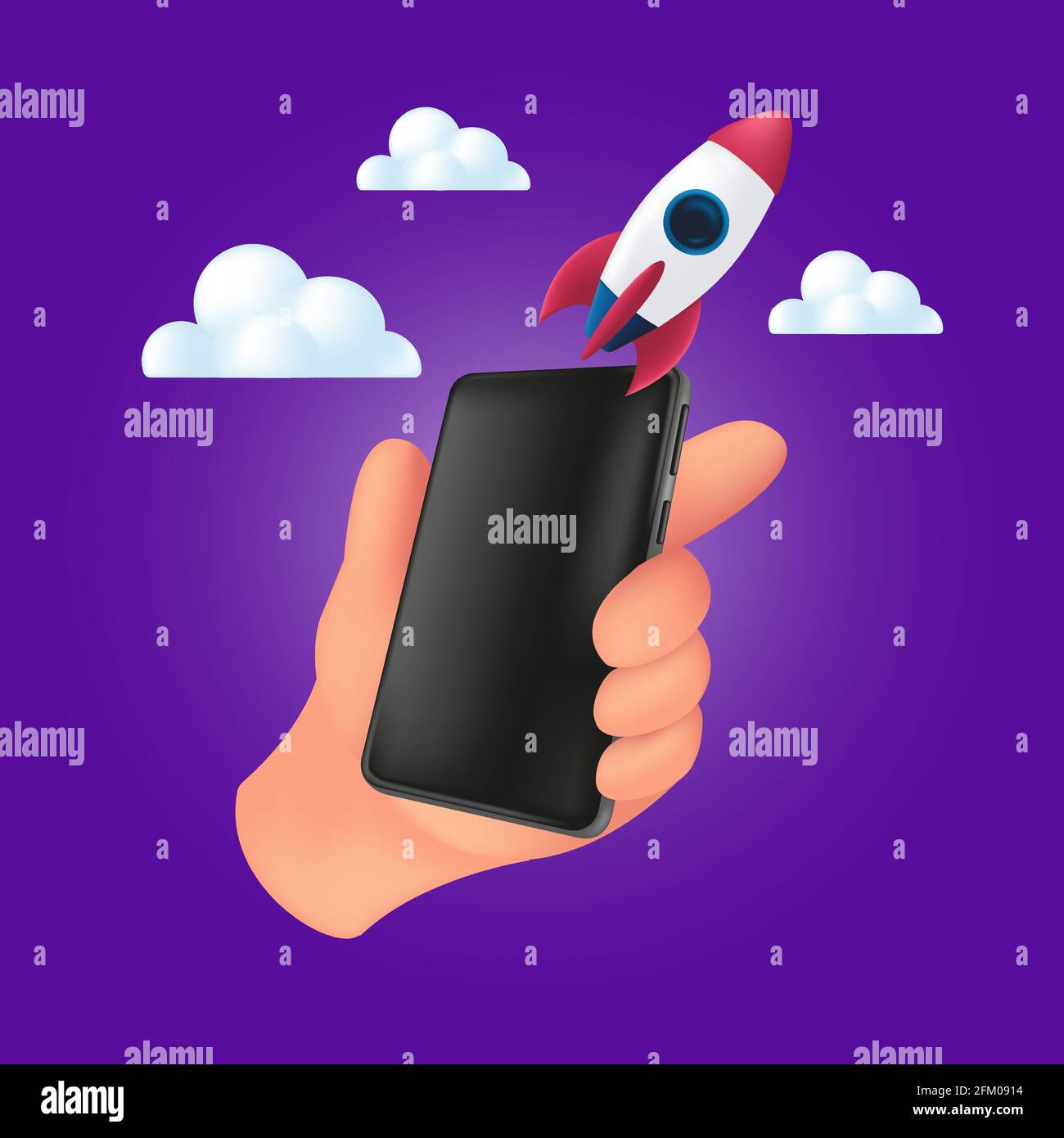 Menschliche Hand hält ein Smartphone mit einer fliegenden Rakete auf den Wolken. 3d-Vektordarstellung des Startup-Konzepts mit mobilem Gerät und leerem schwarzen Geröll Stock Vektor